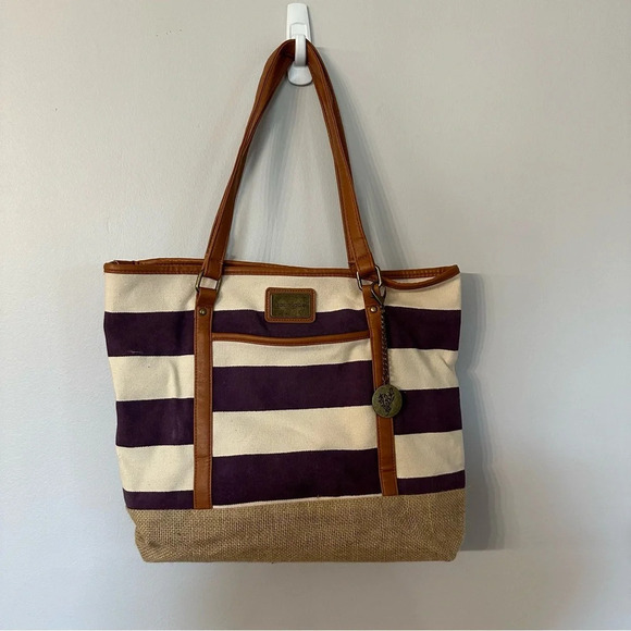 Younique Beach Style Purple & Tan Stripe Canvas Tote Bag GUC - Picture 2 of 8